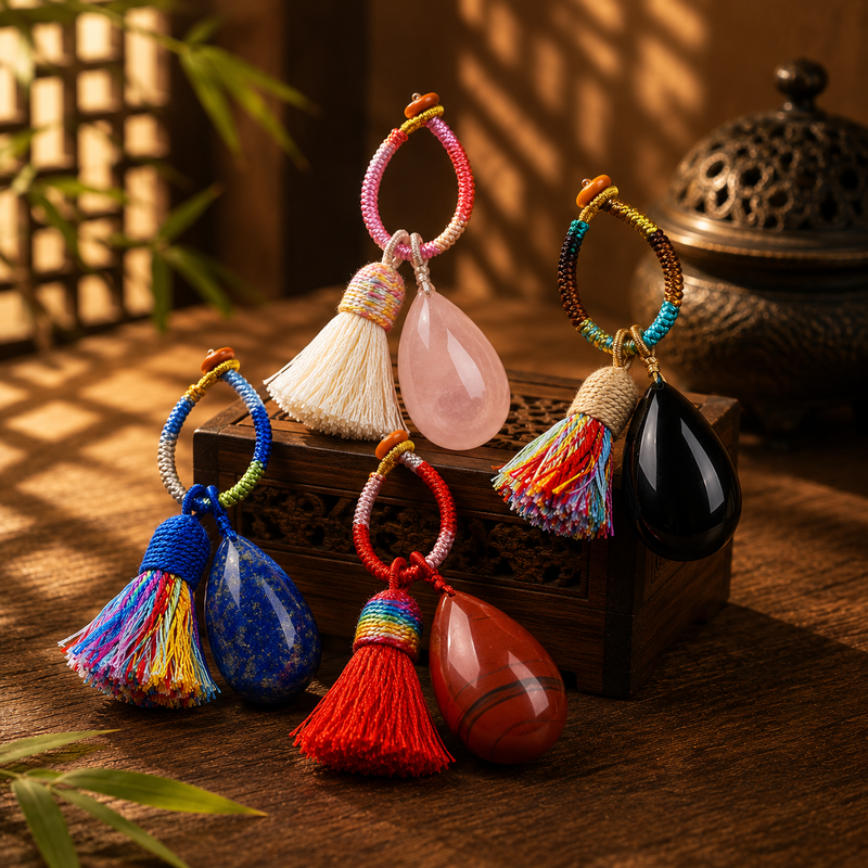 Natural crystal tassel bag charms and keychains in assorted gemstone options with handwoven cord