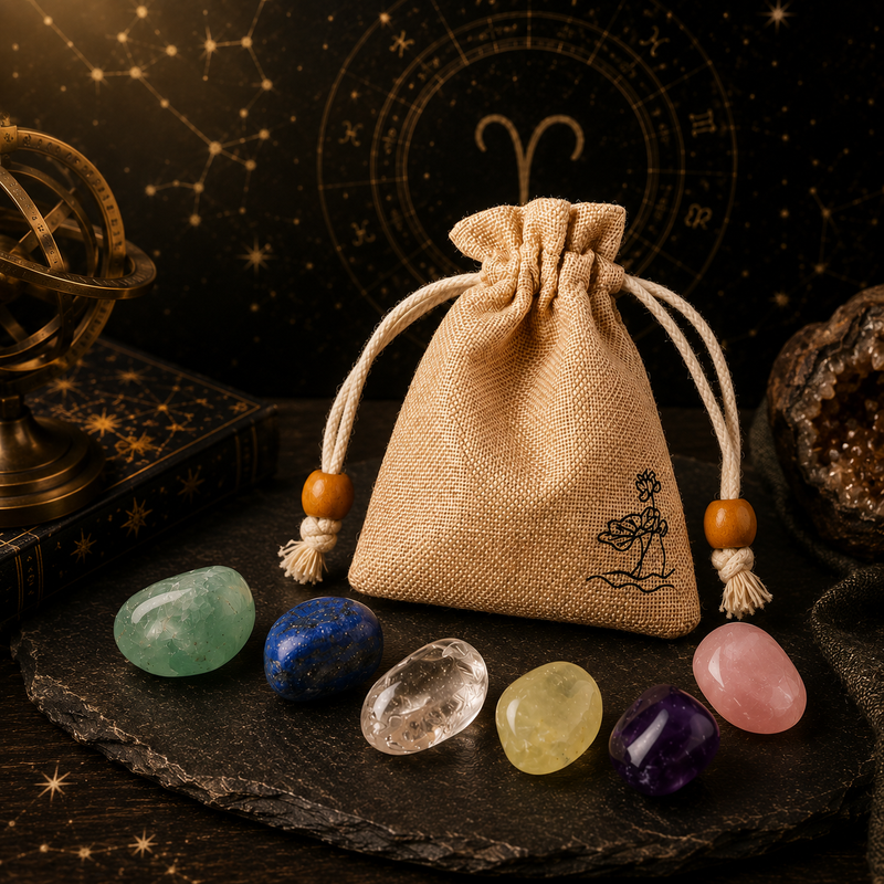 Aries zodiac crystal set with natural stones and drawstring pouch