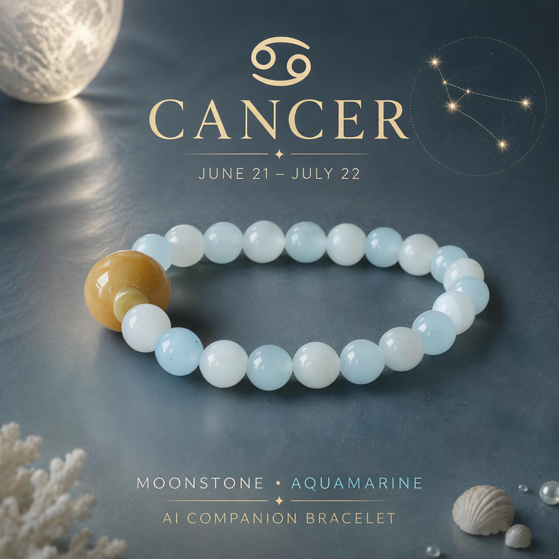 Cancer zodiac crystal bracelet with White Moonstone and Aquamarine AI Companion Core