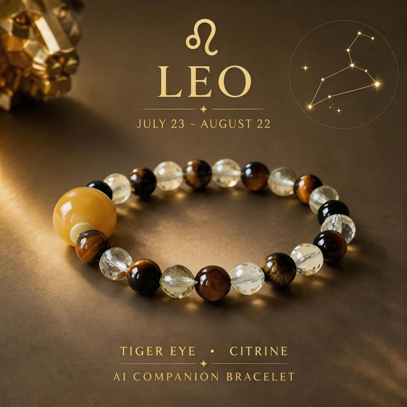 Leo zodiac crystal bracelet with Tiger's Eye and Faceted Citrine AI Companion Core