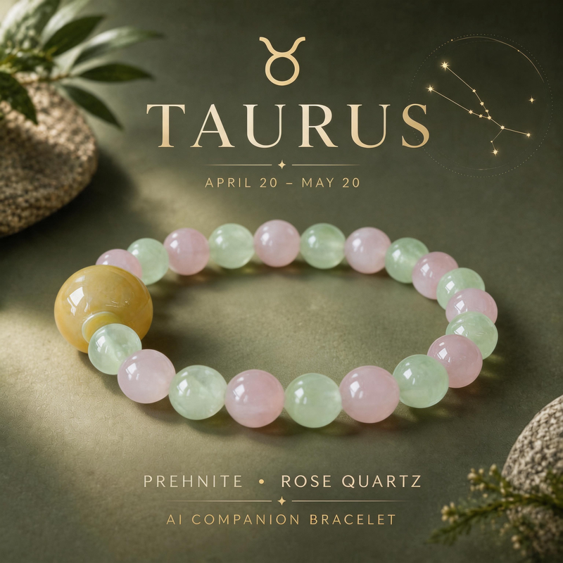 Taurus zodiac crystal bracelet with Prehnite and Rose Quartz AI Companion Core