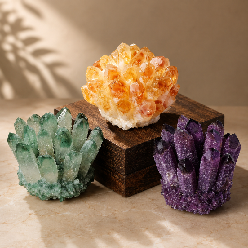 Decorative quartz crystal clusters in assorted colors for home decor