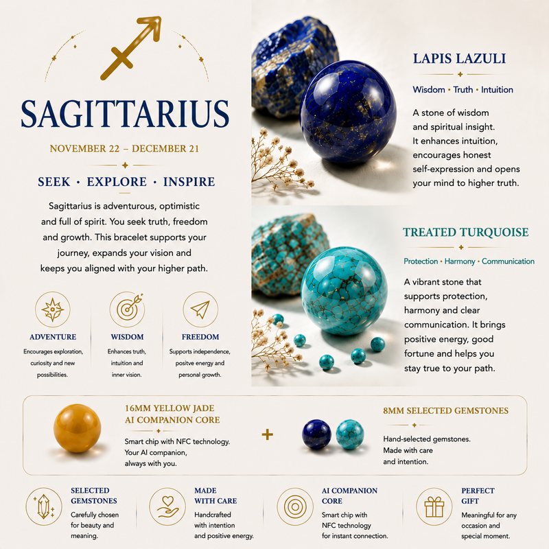Lapis Lazuli and Treated Turquoise crystals used in Sagittarius zodiac bracelet design