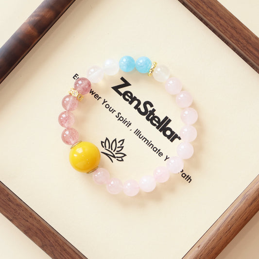 Rose Dream rose quartz AI Companion Bracelet displayed with Zenstellar card, crystal energy jewelry with NFC smart connection