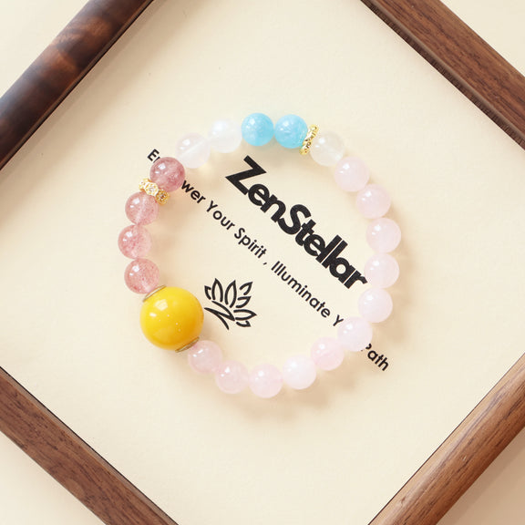 Rose Dream AI bracelet displayed on elegant tray with natural crystal beads and calming jewelry presentation
