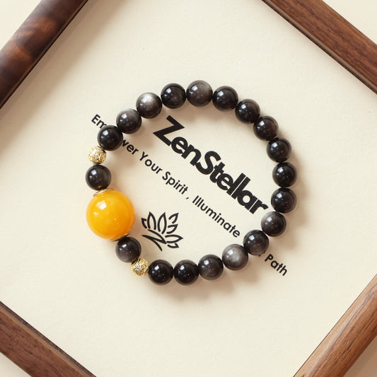 Zenstellar Starry Shield AI Companion Bracelet displayed on branded tray, natural crystal bracelet with NFC AI companion design