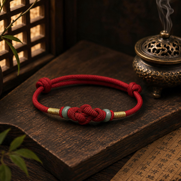 Red Eastern Harmony Ruyi knot bracelet with natural jade beads and gold-tone accents