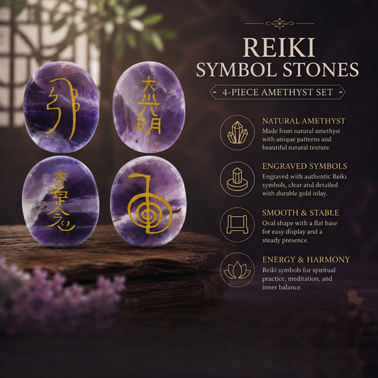 Amethyst Reiki symbol stones with four engraved gold symbols