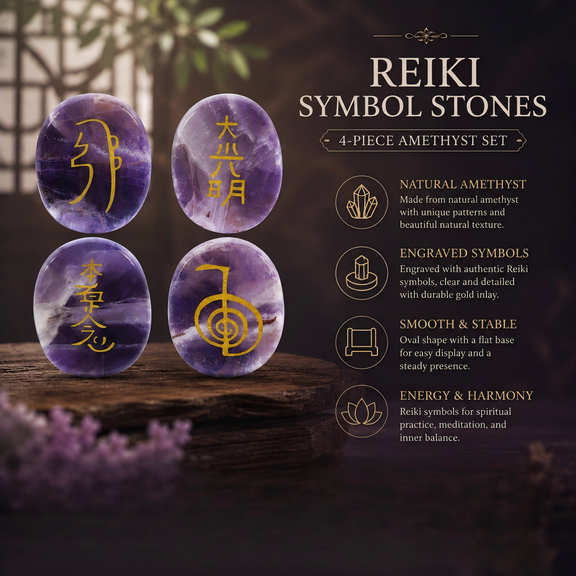 Amethyst Reiki symbol stones with four engraved gold symbols