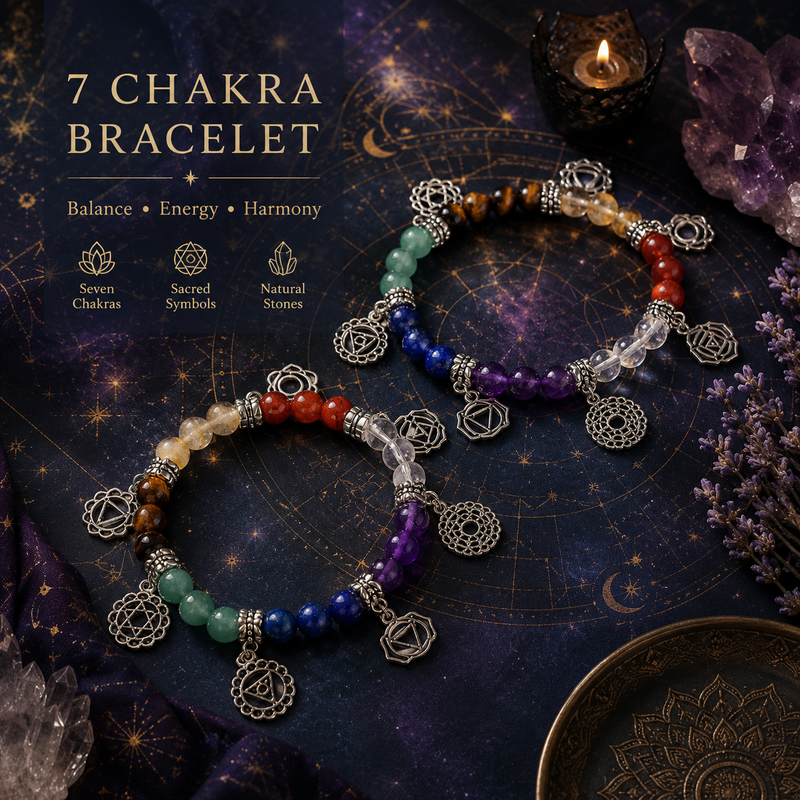 7 chakra gemstone bracelet with natural stones and sacred symbols