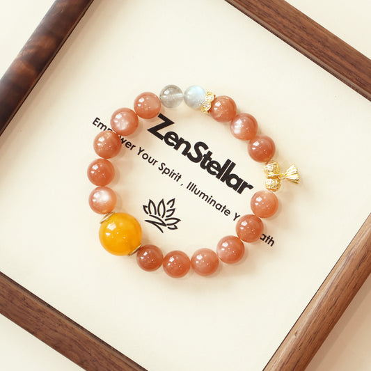 Sunset Aura orange crystal AI Companion Bracelet displayed with Zenstellar card, crystal energy jewelry with NFC smart connection