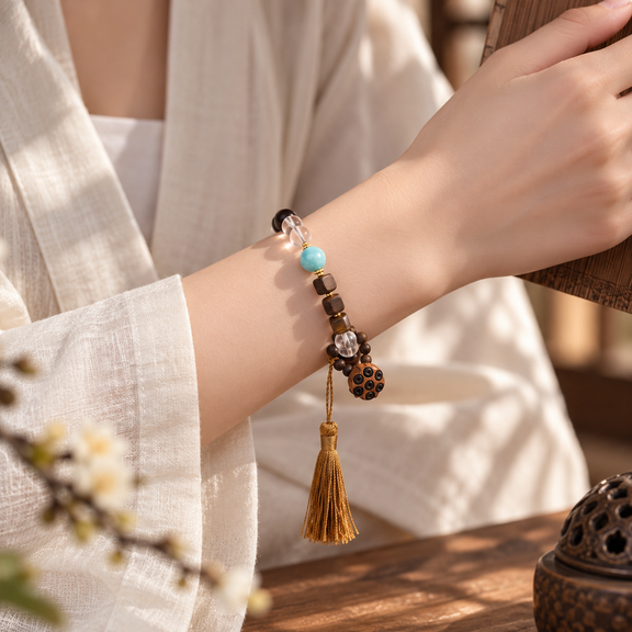 Clear quartz and agarwood bracelet with larimar and traditional tassel worn on wrist