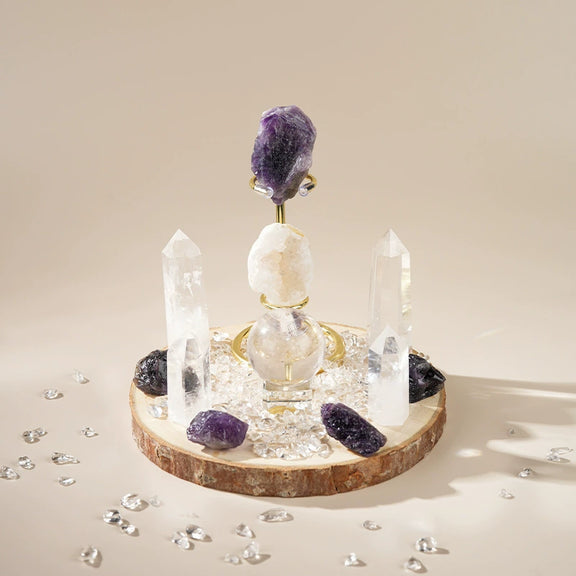 Amethyst and Clear Quartz crystal grid set with natural wood base