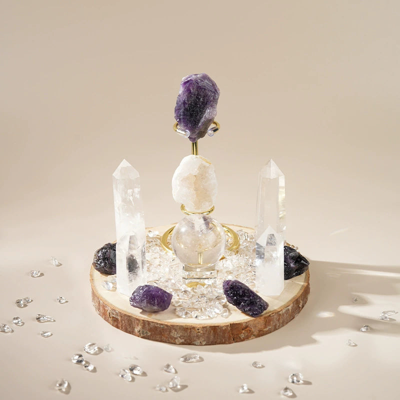 Amethyst and Clear Quartz crystal grid set with natural wood base