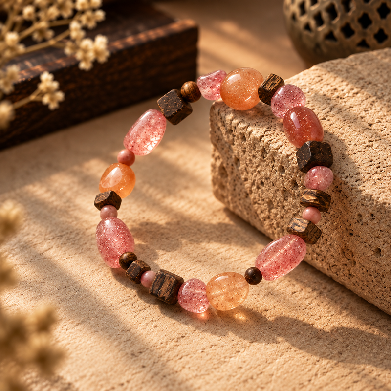Strawberry Quartz and Sunstone bracelet with natural agarwood beads