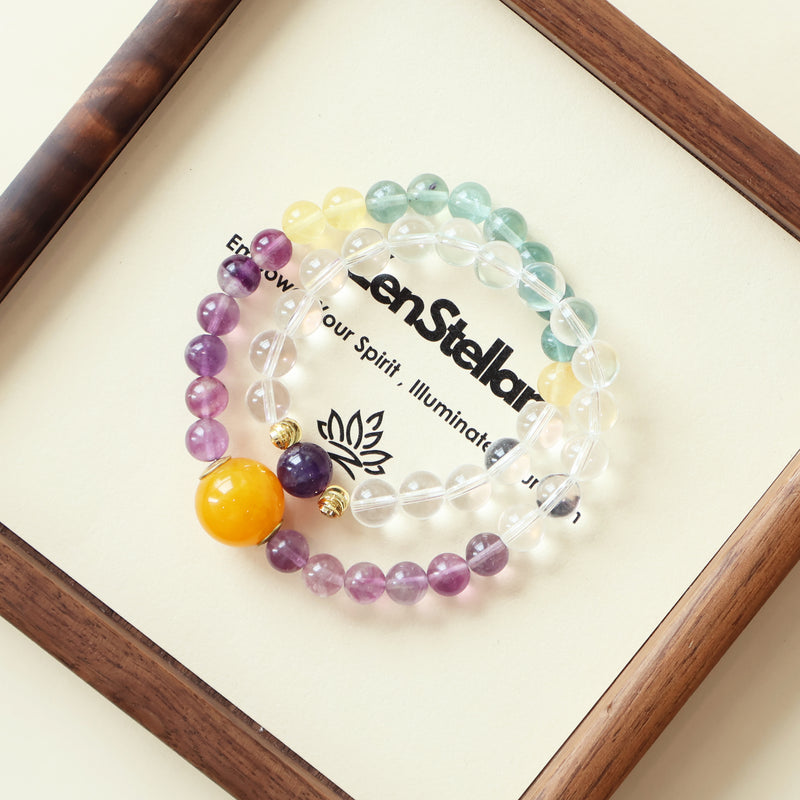 ZENSTELLAR Aurora Dream AI Companion Bracelet with Fluorite White Crystal and Amethyst crystals in elegant jewelry presentation