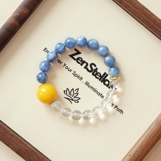 Sky Clarity blue crystal AI Companion Bracelet displayed with Zenstellar card, crystal energy jewelry with NFC smart connection