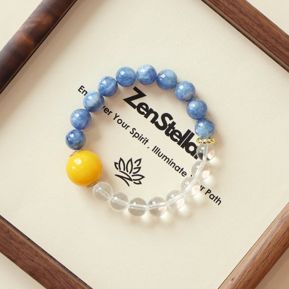 Sky Clarity AI bracelet displayed on elegant tray with blue Kyanite and Clear Quartz crystal beads premium jewelry presentation