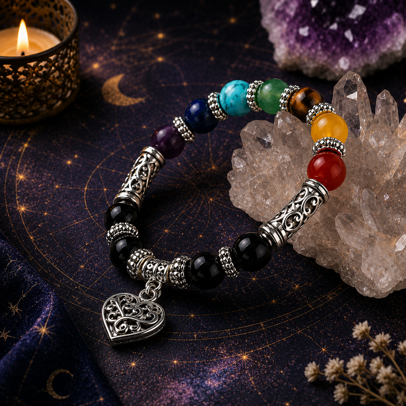 Natural stone mixed crystal bracelet with vintage silver-tone details