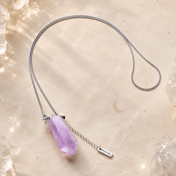 Amethyst double point crystal necklace with titanium steel chain and detachable charm