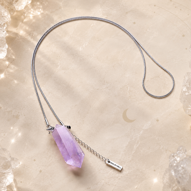 Amethyst double point crystal necklace with titanium steel chain and detachable charm