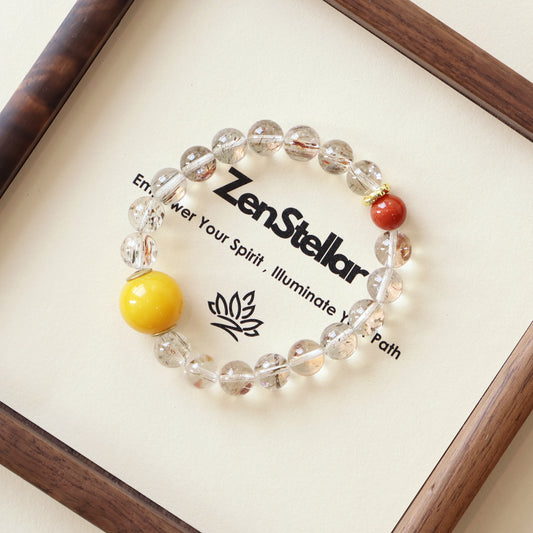 Lucent Aura clear crystal AI Companion Bracelet displayed with Zenstellar card, crystal energy jewelry with NFC smart connection