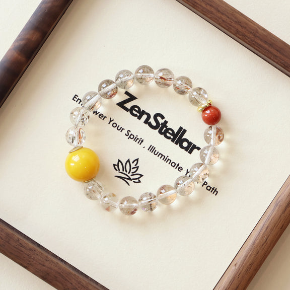 Lucent Aura AI bracelet displayed on elegant tray with polished crystal beads and premium jewelry presentation