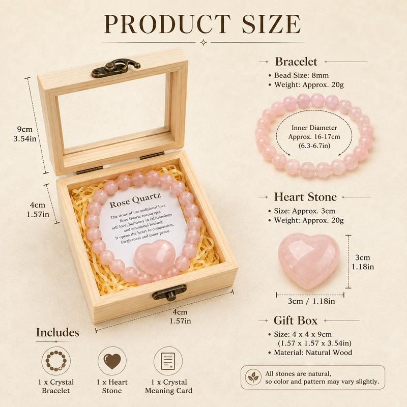 Crystal bracelet gift set size guide with 8mm bracelet, heart stone and wooden box
