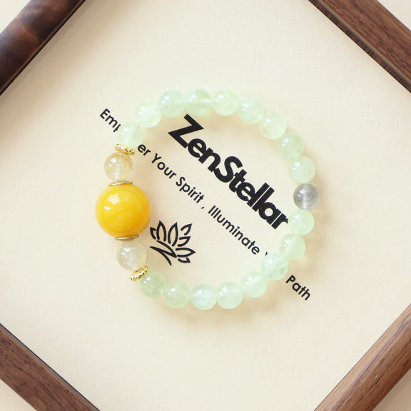 Jade Mist AI Companion Bracelet displayed on jewelry tray with Prehnite and Moonstone crystal details