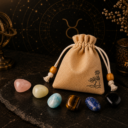 Taurus zodiac crystal set with natural stones and drawstring pouch