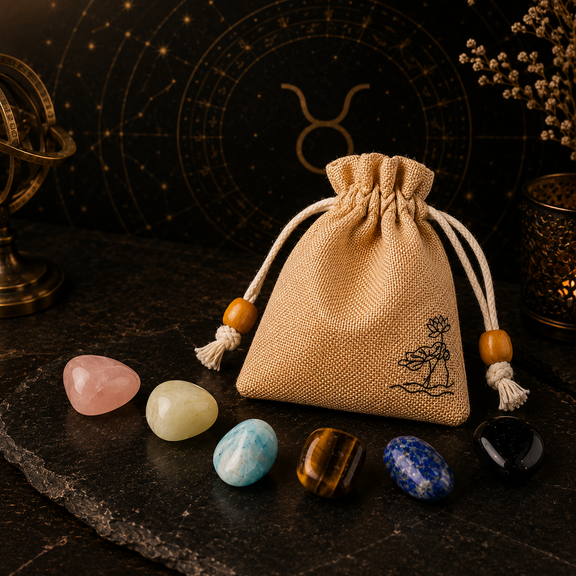 Taurus zodiac crystal set with natural stones and drawstring pouch