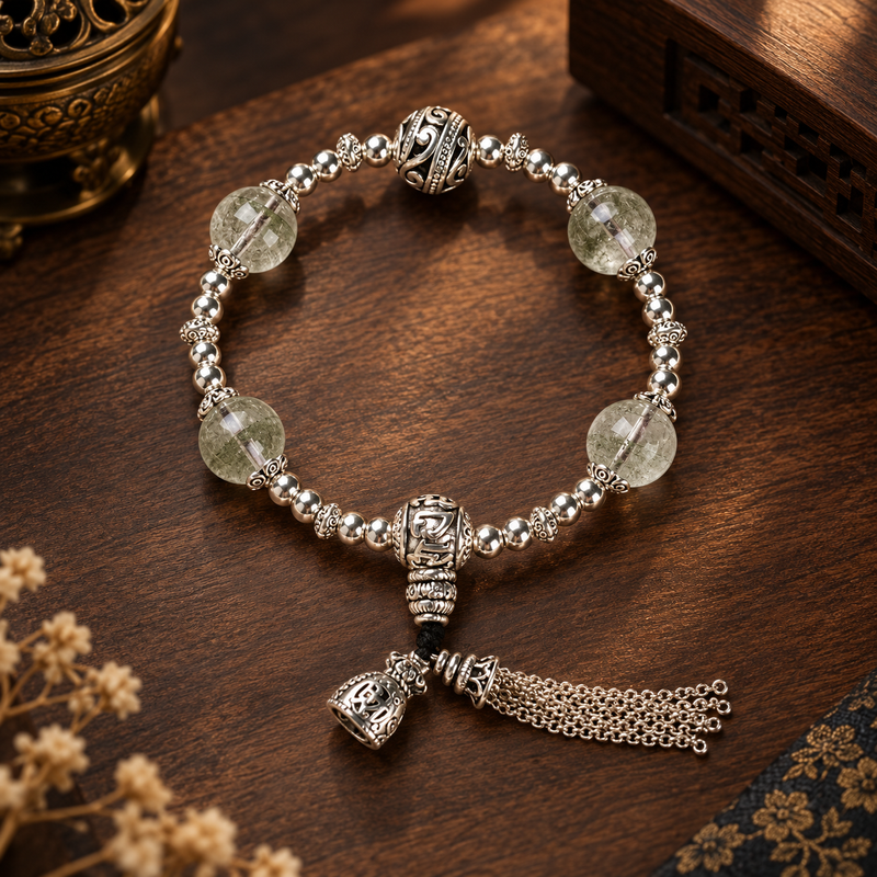 12mm Green Phantom Quartz gemstone tassel bracelet with silver-tone accents
