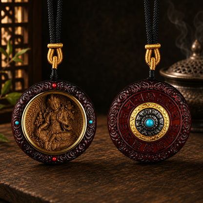 Green Tara sandalwood pendant with 12 Chinese Zodiac spinning disk