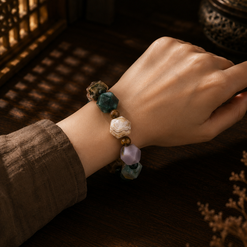 Natural Ocean Chalcedony freeform bead bracelet worn on wrist