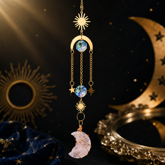Celestial dreamcatcher-inspired hanging ornament with natural Rose Quartz moon