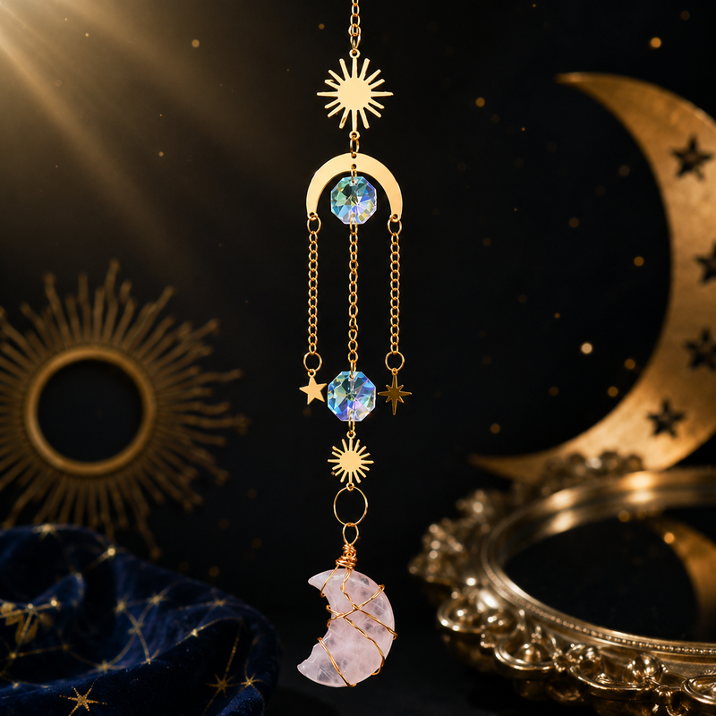 Celestial dreamcatcher-inspired hanging ornament with natural Rose Quartz moon