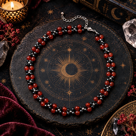 Red agate and black spinel beaded necklace with silver-tone details