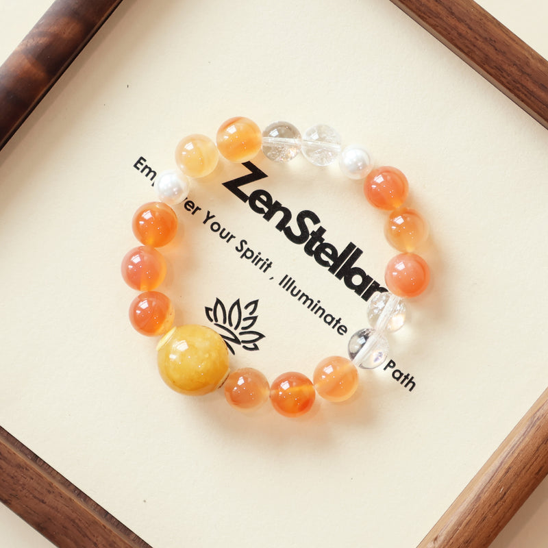 ZENSTELLAR Bloom Aura AI Companion Bracelet with Cherry Blossom Agate and White Azeztulite crystals in elegant jewelry presentation