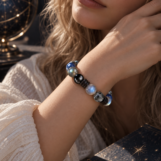 Gray Moonstone and Kyanite natural stone bracelet worn on wrist