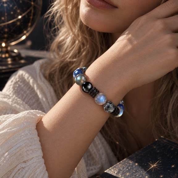Gray Moonstone and Kyanite natural stone bracelet worn on wrist