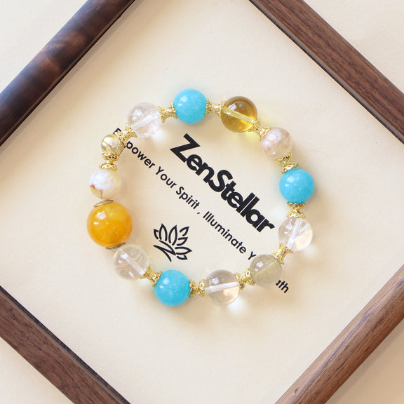 Azure Dawn AI Companion Bracelet displayed on a minimalist tray featuring blue Amazonite golden Citrine and clear crystal bead design