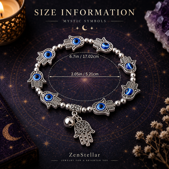 Hamsa evil eye bracelet size showing 6.7 inch length and 2.05 inch inner diameter