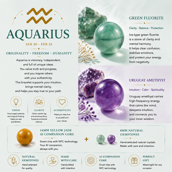 Green Fluorite and Amethyst crystals used in Aquarius zodiac bracelet design