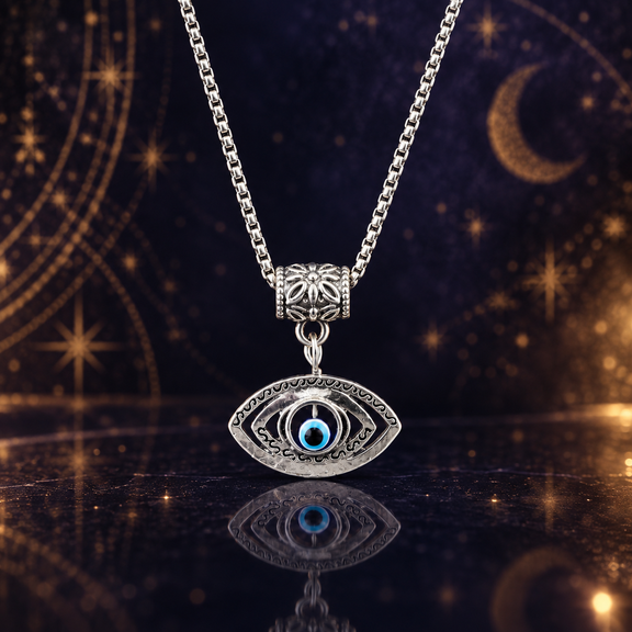 Antique silver-tone evil eye pendant necklace with blue eye detail