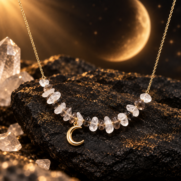 Crescent moon necklace with ice obsidian and clear quartz chips