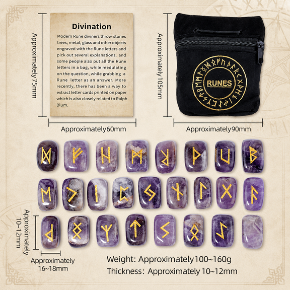 Natural crystal rune stones set size and details with divination guide card and storage pouch