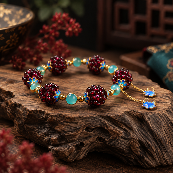 Garnet and amazonite beaded bracelet with blue and gold cloisonné details