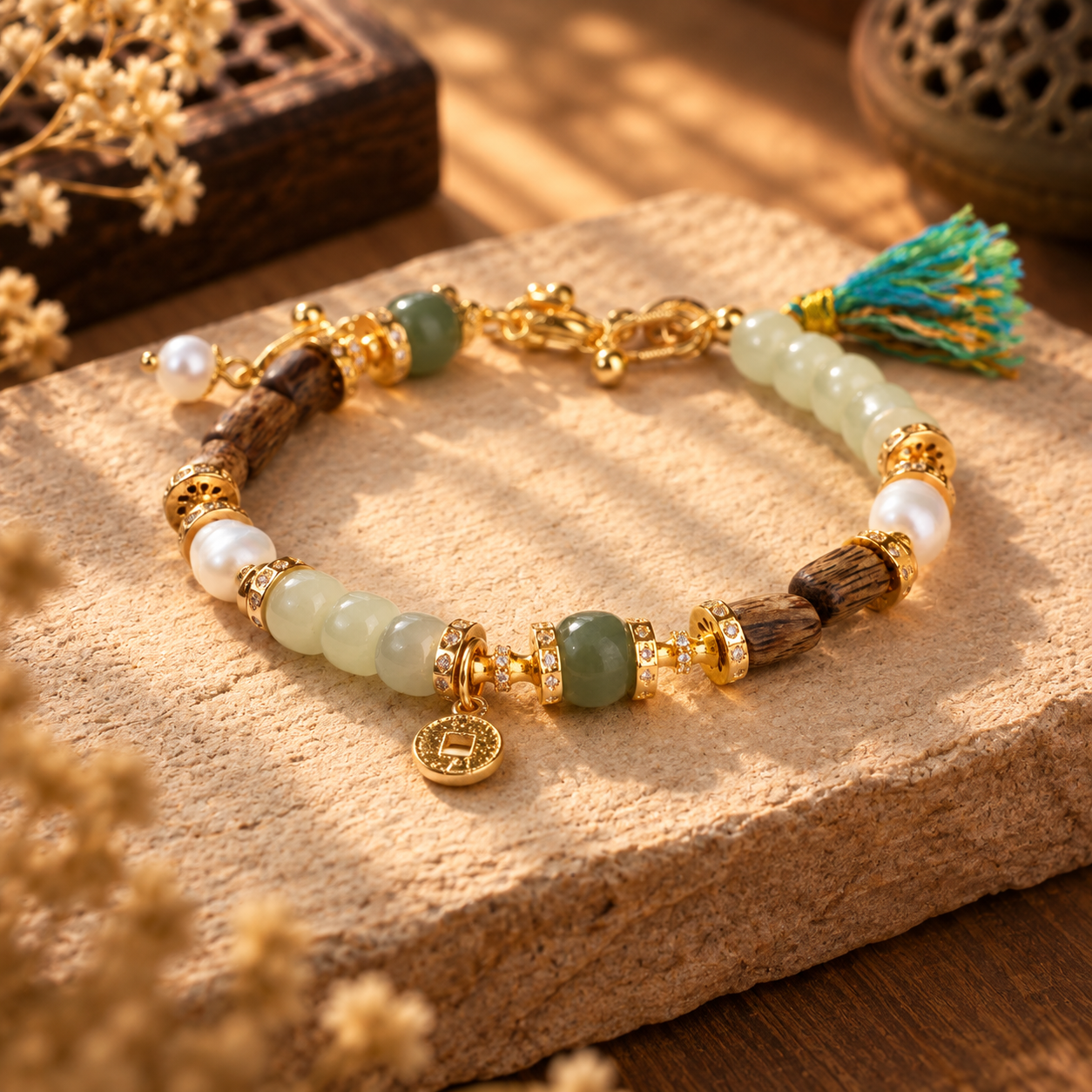 Hetian jade, agarwood and freshwater pearl bracelet with coin charm
