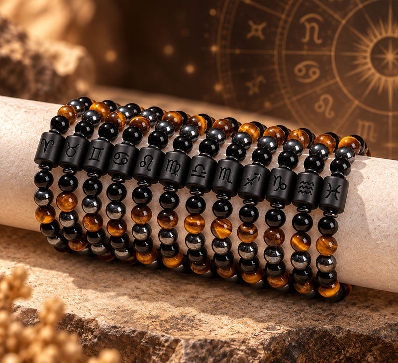 12 zodiac Tiger’s Eye and black hematite bracelets from Aries to Pisces