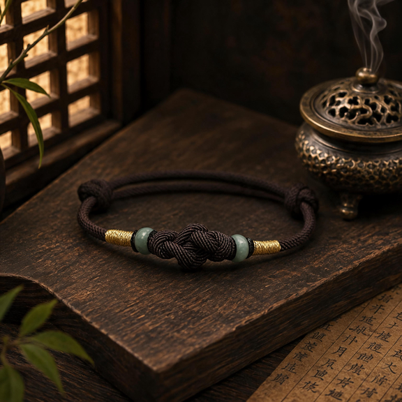 Dark brown Eastern Harmony Ruyi knot bracelet with natural jade beads and gold-tone accents
